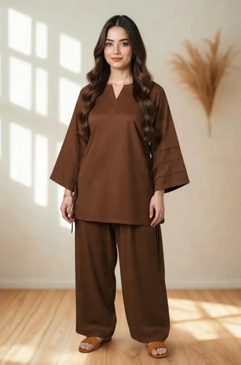 Daiselle Brown Lawn 2-Piece Suit – Full Length Flat Lay