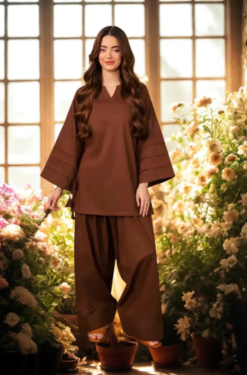 Brown Solid Lawn 2-Piece Suit by Daiselle – Front View