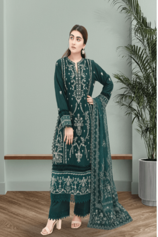 Emerald Green Embroidered Lawn 3-Piece Suit - Daiselle