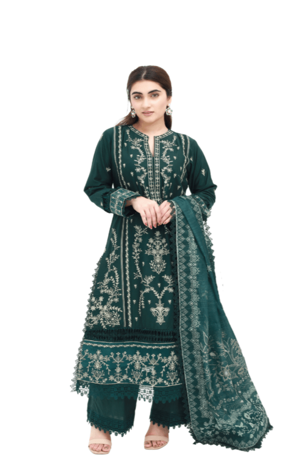 Emerald Green Embroidered Lawn 3-Piece Suit - Daiselle