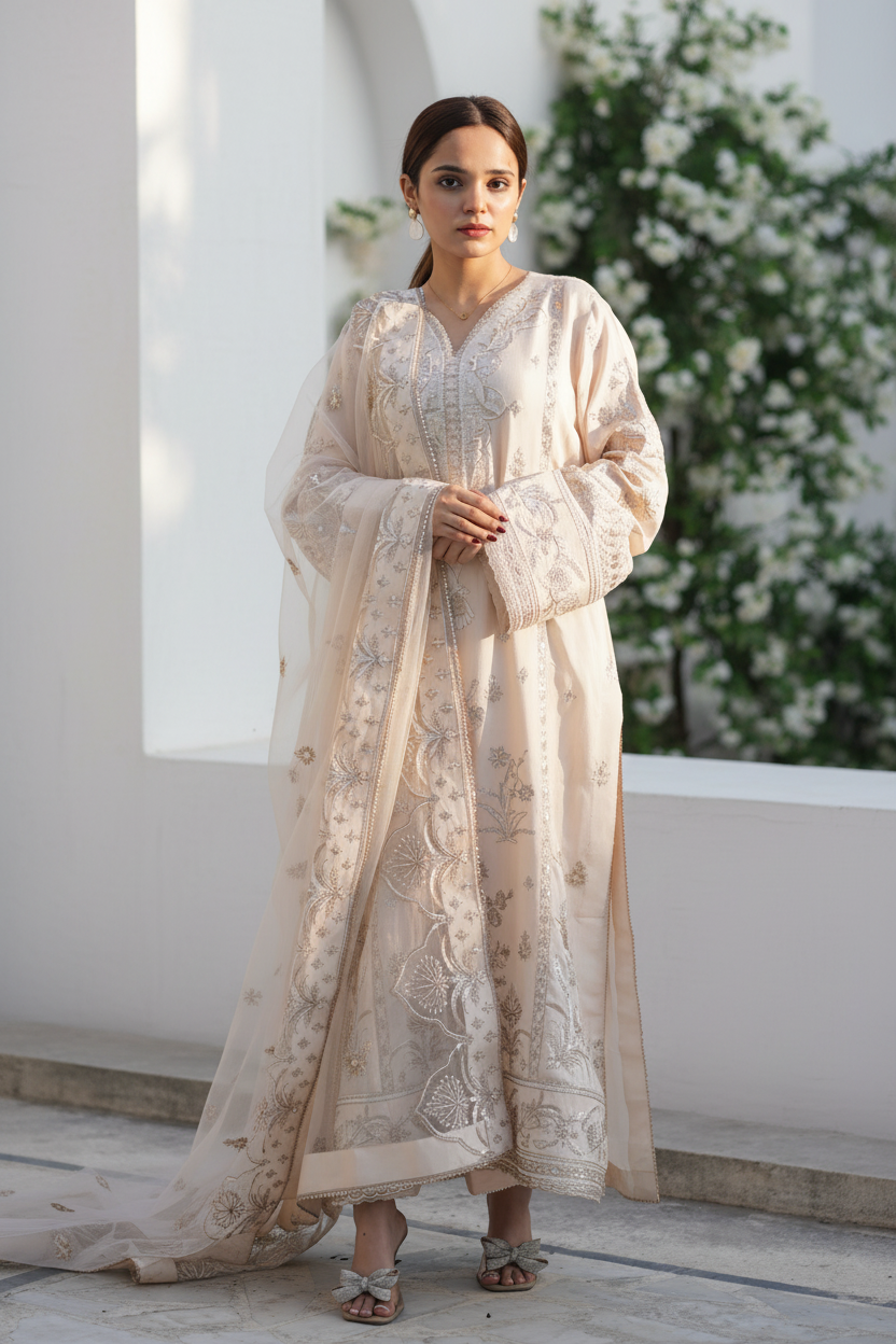 Light Peach Embroidered Raw Silk 3-Piece Suit - Front View