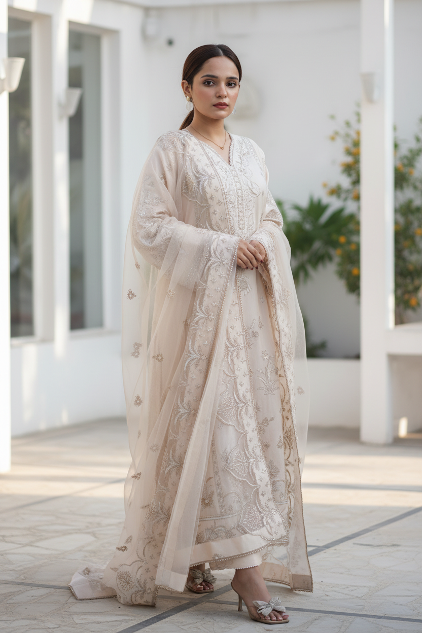 Light Peach Embroidered Raw Silk 3-Piece Suit - Walking Front