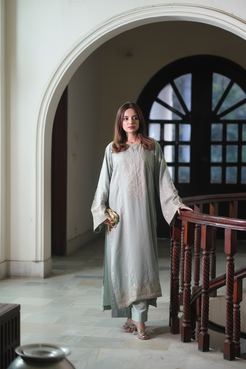 Apple Green Karandi Suit lifestyle