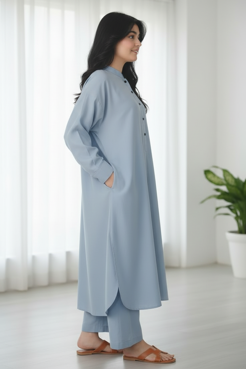 Light Blue Solid Lawn 2-Piece Suit - Side Profile