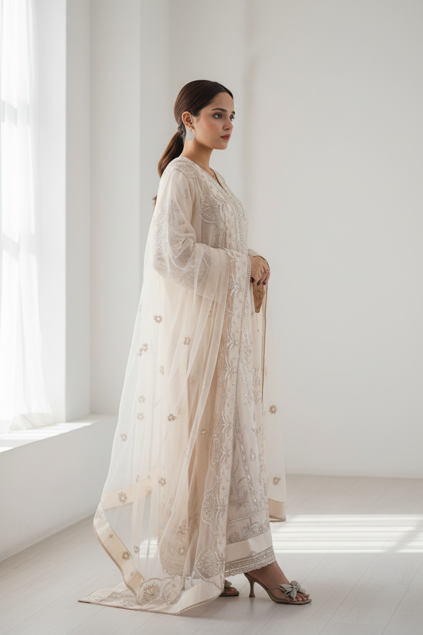 Light Peach Embroidered Raw Silk 3-Piece Suit - Side Profile