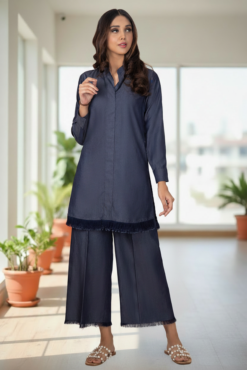 Navy Blue Fringe Solid 2-Piece Suit - Front View