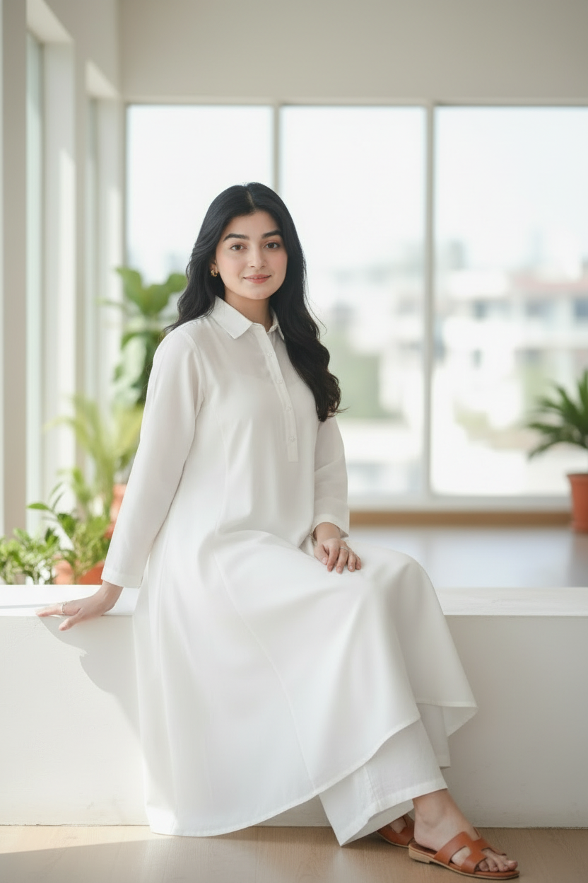 White Solid Lawn 2-Piece Suit - Sitting Pose