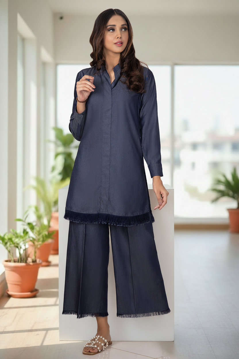 Navy Blue Fringe Solid 2-Piece Suit - Sitting Pose