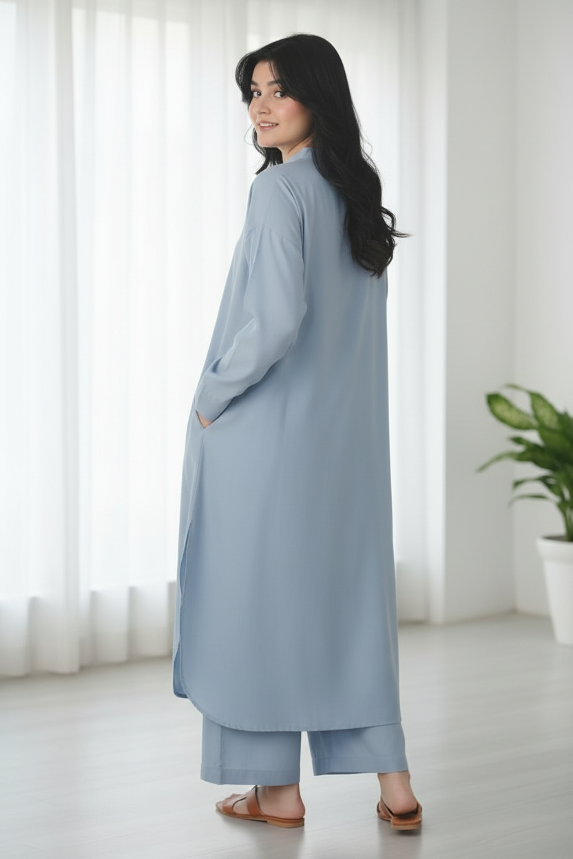 Light Blue Solid Lawn 2-Piece Suit - Back Angle