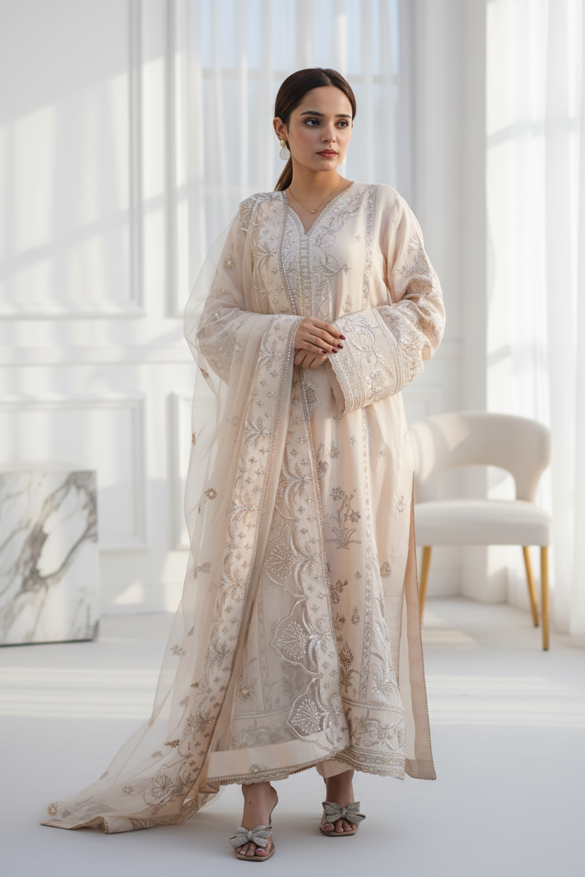 Light Peach Embroidered Raw Silk 3-Piece Suit - Back Glance