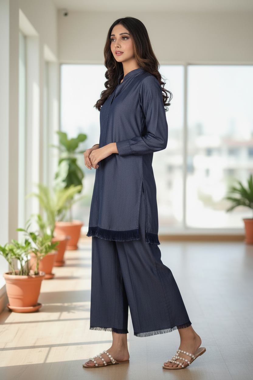 Navy Blue Fringe Solid 2-Piece Suit - Side Profile