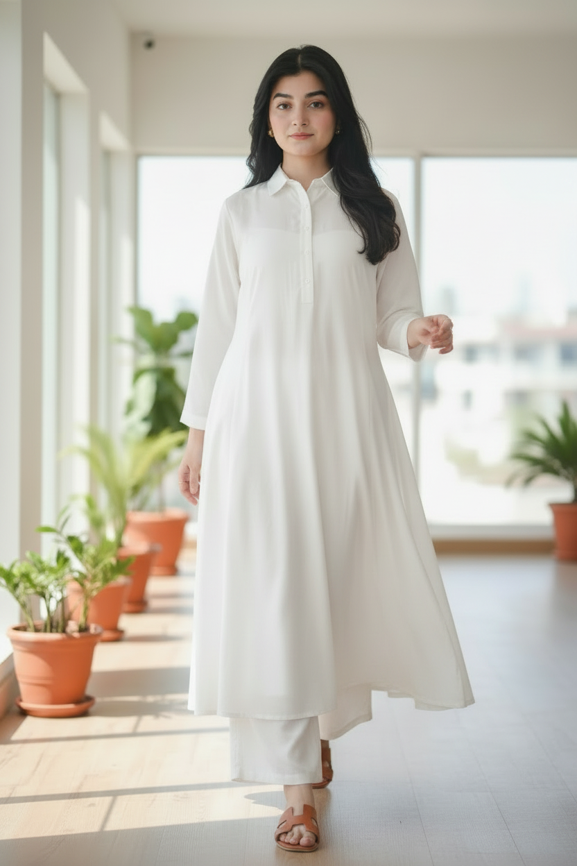 White Solid Lawn 2-Piece Suit - Walking Front