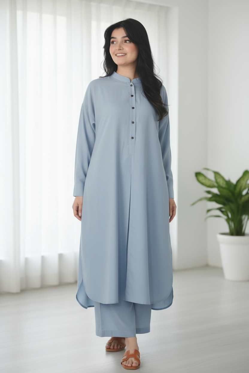 Light Blue Solid Lawn 2-Piece Suit - High Quality Front