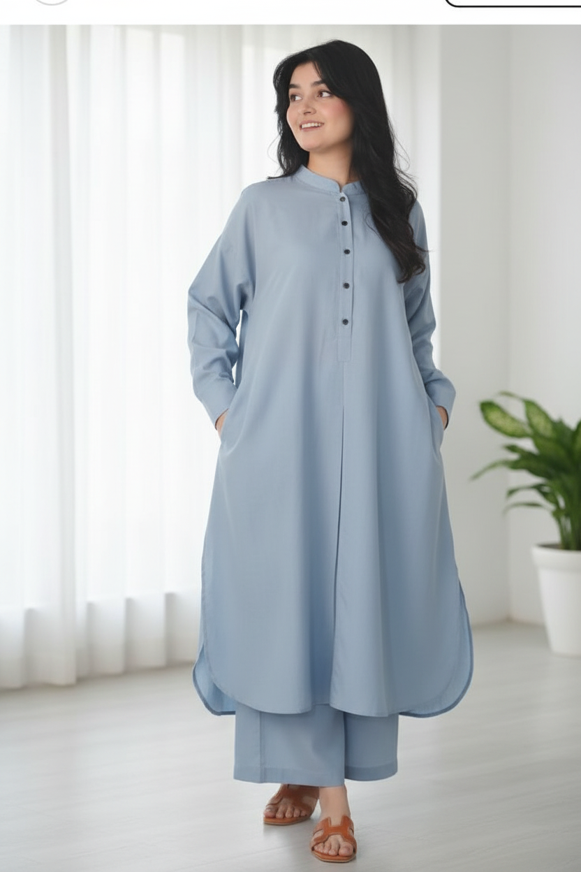 Light Blue Solid Lawn 2-Piece Suit - Front View