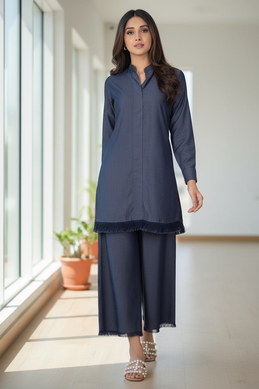 Navy Blue Fringe Solid 2-Piece Suit - Walking Front