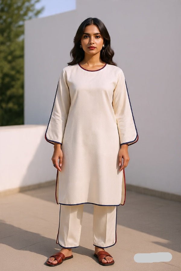Ivory Piping Co-ord Set – 2 Piece Lawn Suit - Daiselle