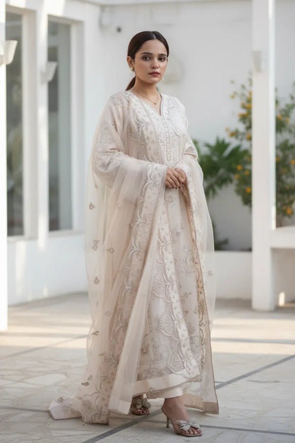 Light Peach Embroidered Raw Silk 3-Piece - Daiselle