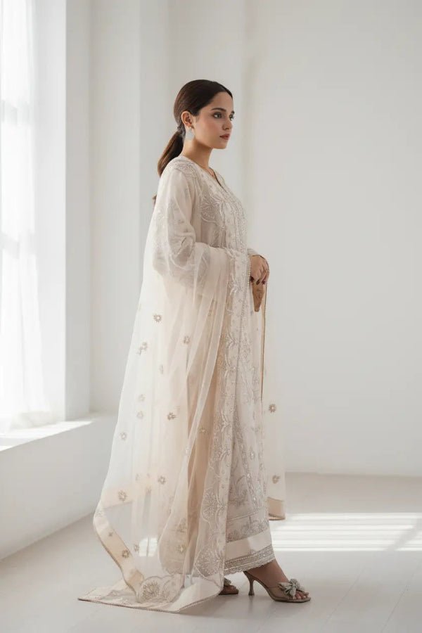 Light Peach Embroidered Raw Silk 3-Piece - Daiselle