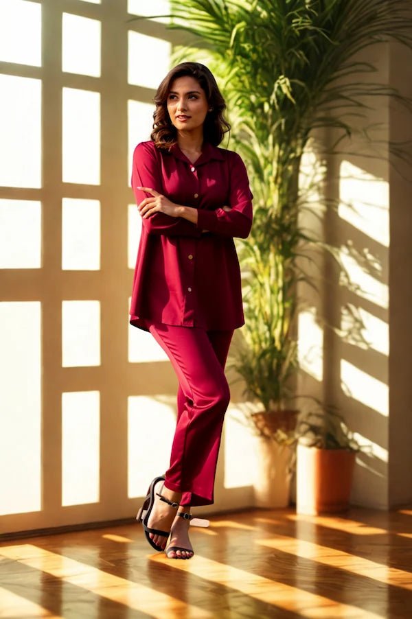 Maroon Co-ord Set | Classic Button-Down 2-Piece by Daiselle - Daiselle