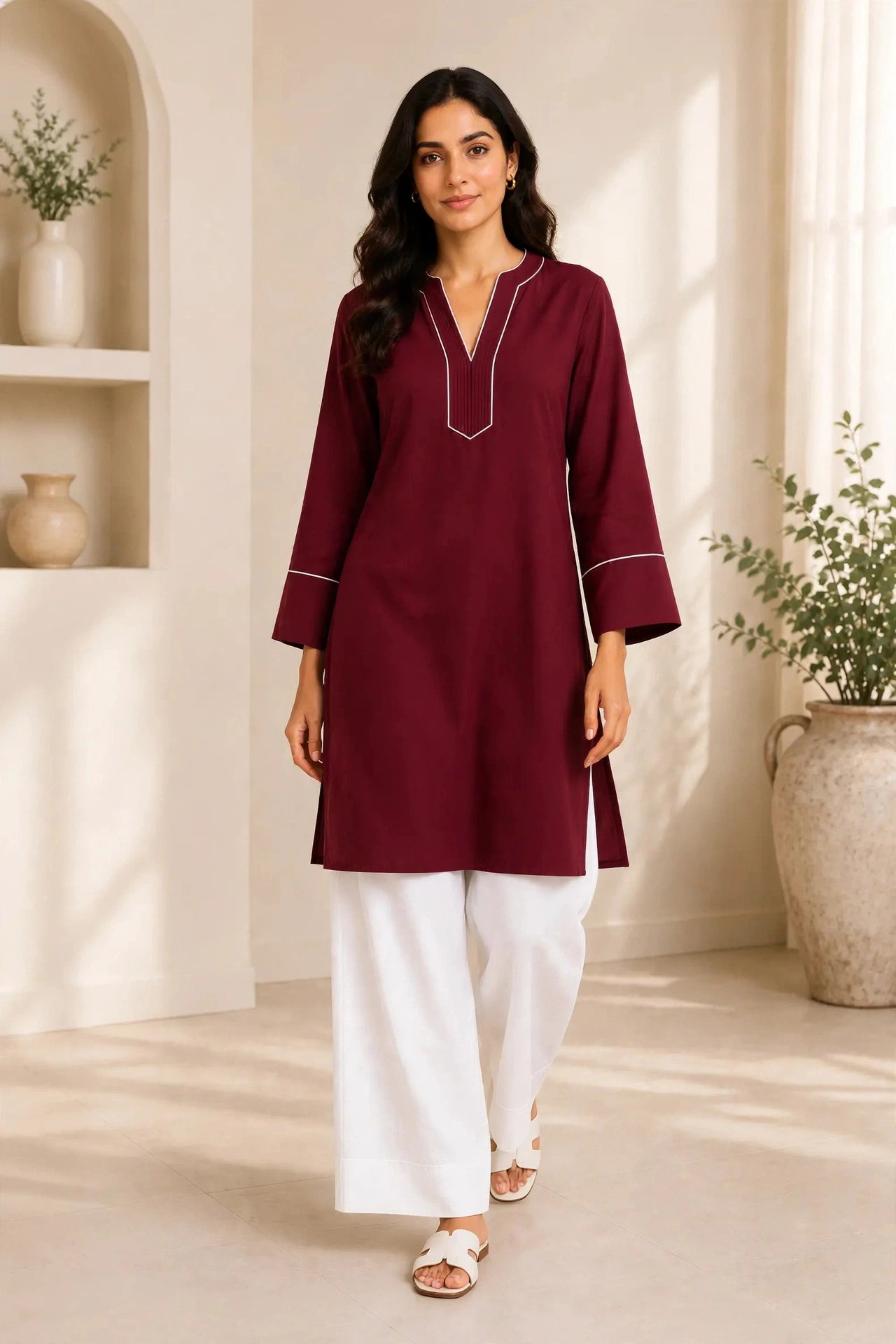A woman modeling a three-quarter sleeve maroon kurta with white piping details on the neckline and cuffs, paired with white wide-leg pants, in a brightly lit, neutral-toned indoor setting.