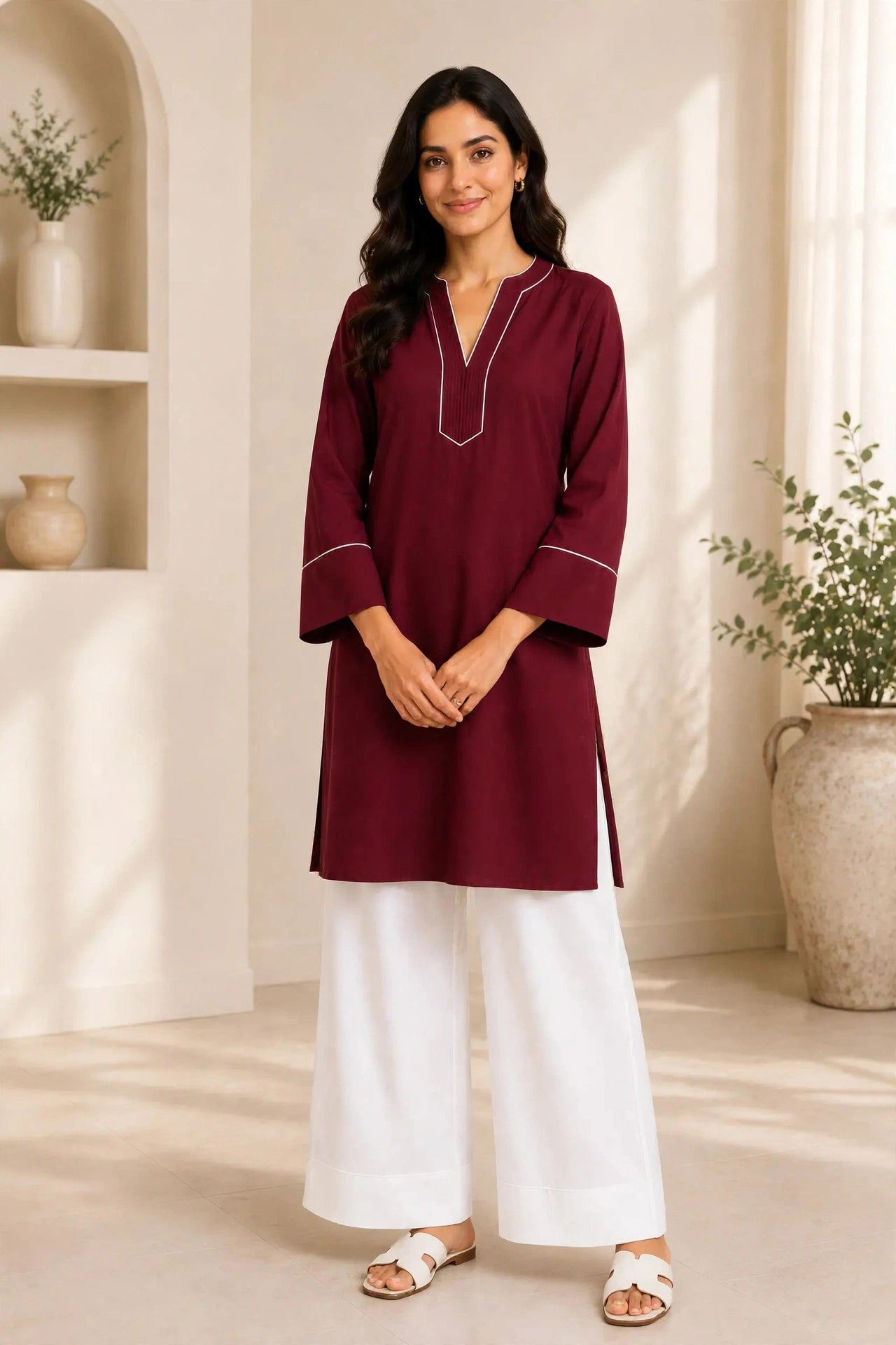 A woman modeling a deep maroon kurta with white piping details on the neckline and cuffs, paired with white wide-leg pants and white sandals, standing in a brightly lit, neutral-toned room.