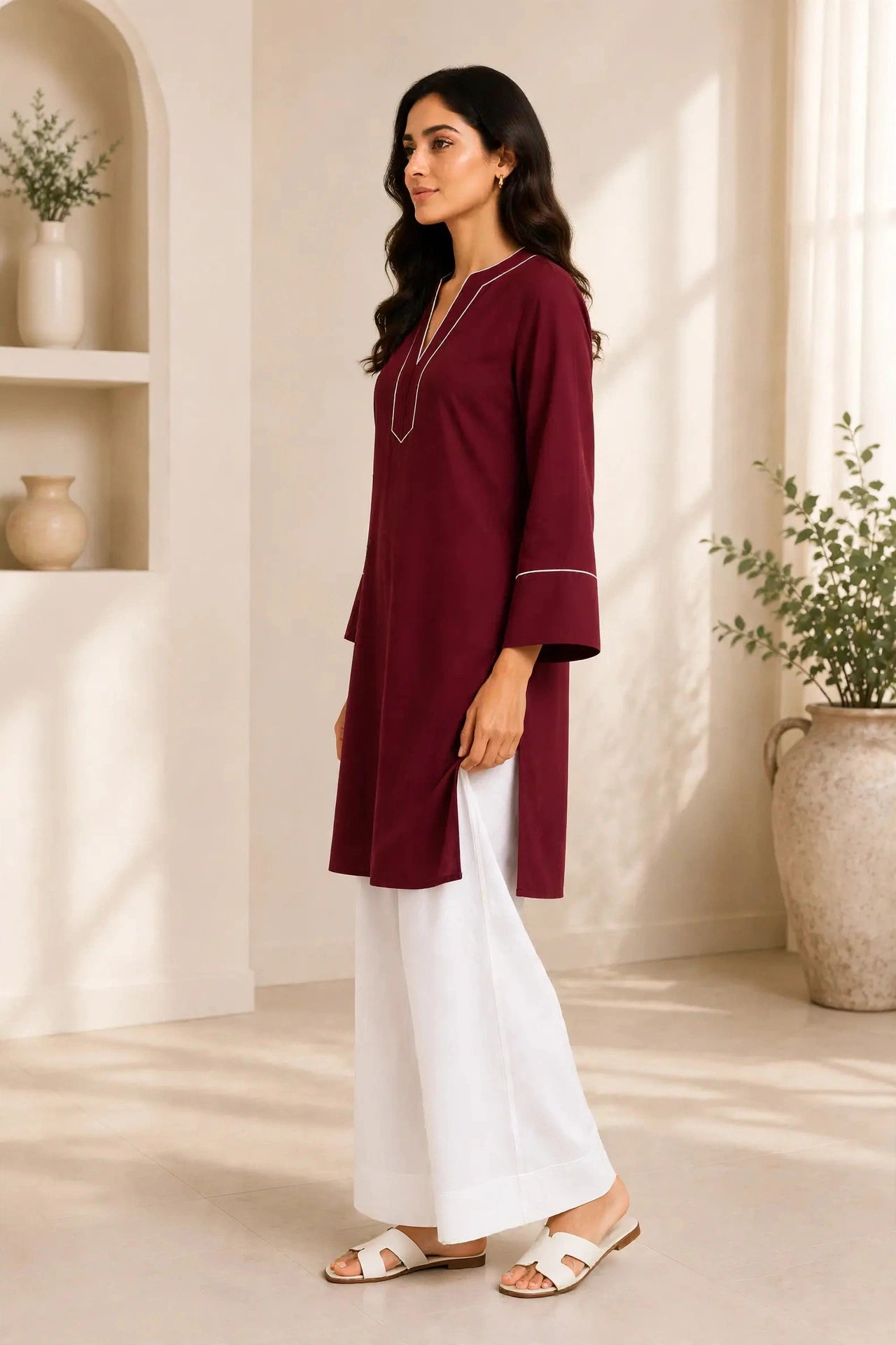 A woman modeling a deep maroon tunic with white piping details and white wide-leg pants, standing in a brightly lit, neutral-toned room with plants and shelves.