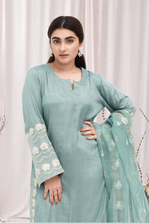 Mint Green Embroidered Raw Silk 3-Piece Suit - Daiselle