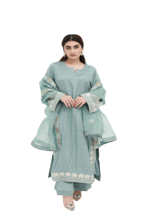 Mint Green Embroidered Raw Silk 3-Piece Suit - Daiselle