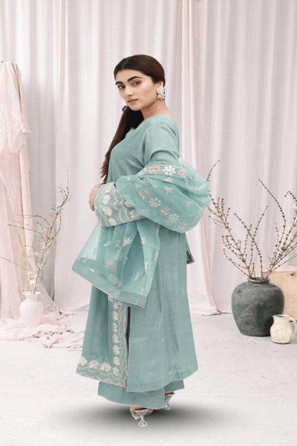 Mint Green Embroidered Raw Silk 3-Piece Suit - Daiselle