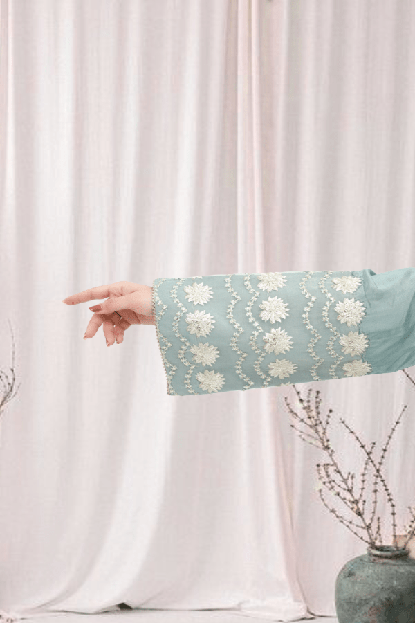 Mint Green Embroidered Raw Silk 3-Piece Suit - Daiselle