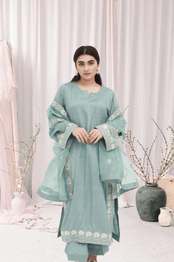 Mint Green Embroidered Raw Silk 3-Piece Suit - Daiselle