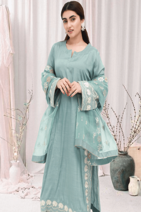 Mint Green Embroidered Raw Silk 3-Piece Suit - Daiselle