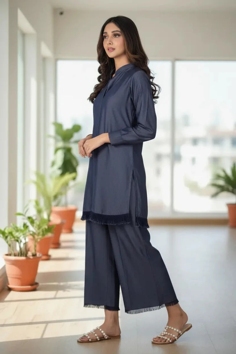 Navy Blue Fringe Solid 2-Piece Suit - Daiselle