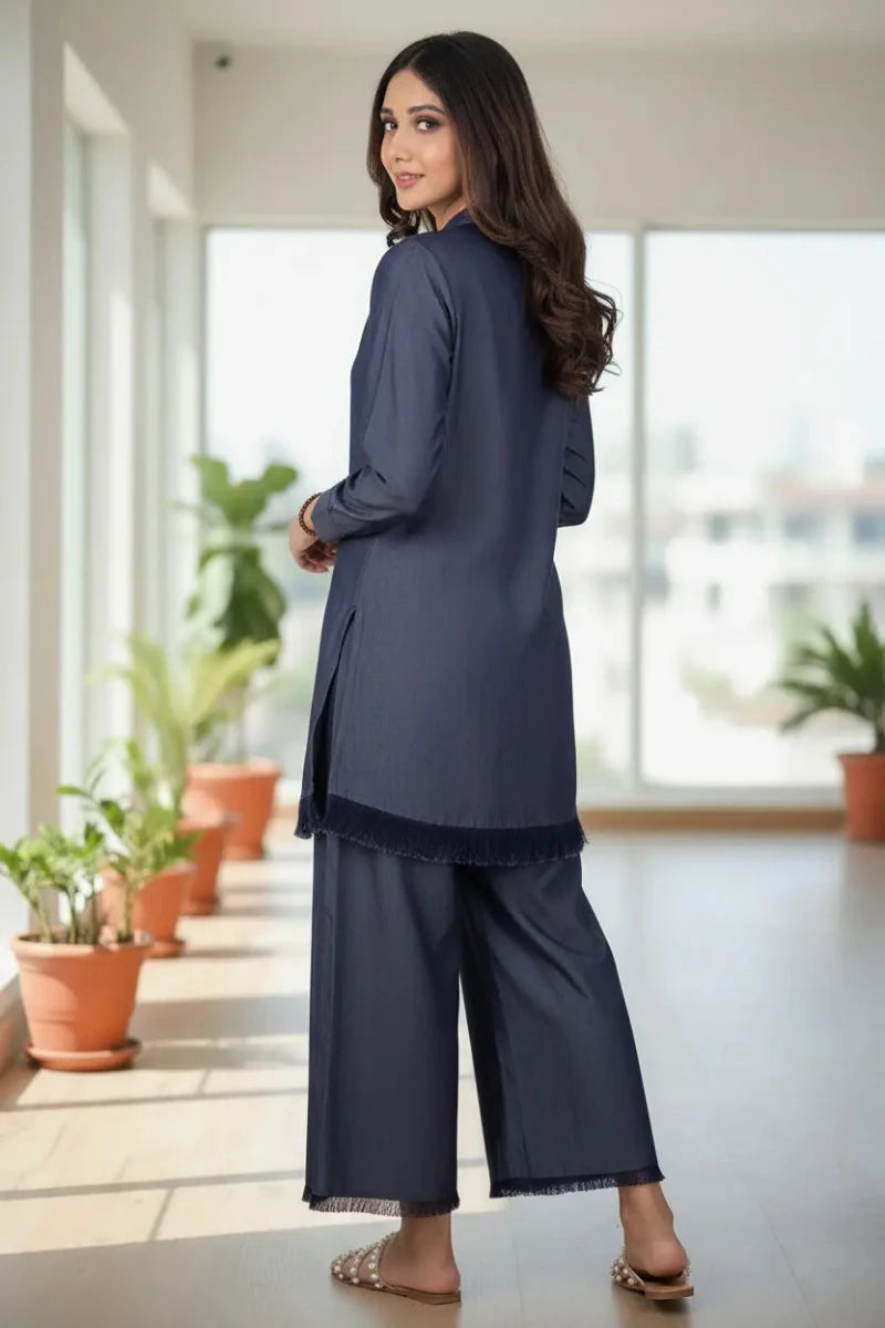 Navy Blue Fringe Solid 2-Piece Suit - Daiselle