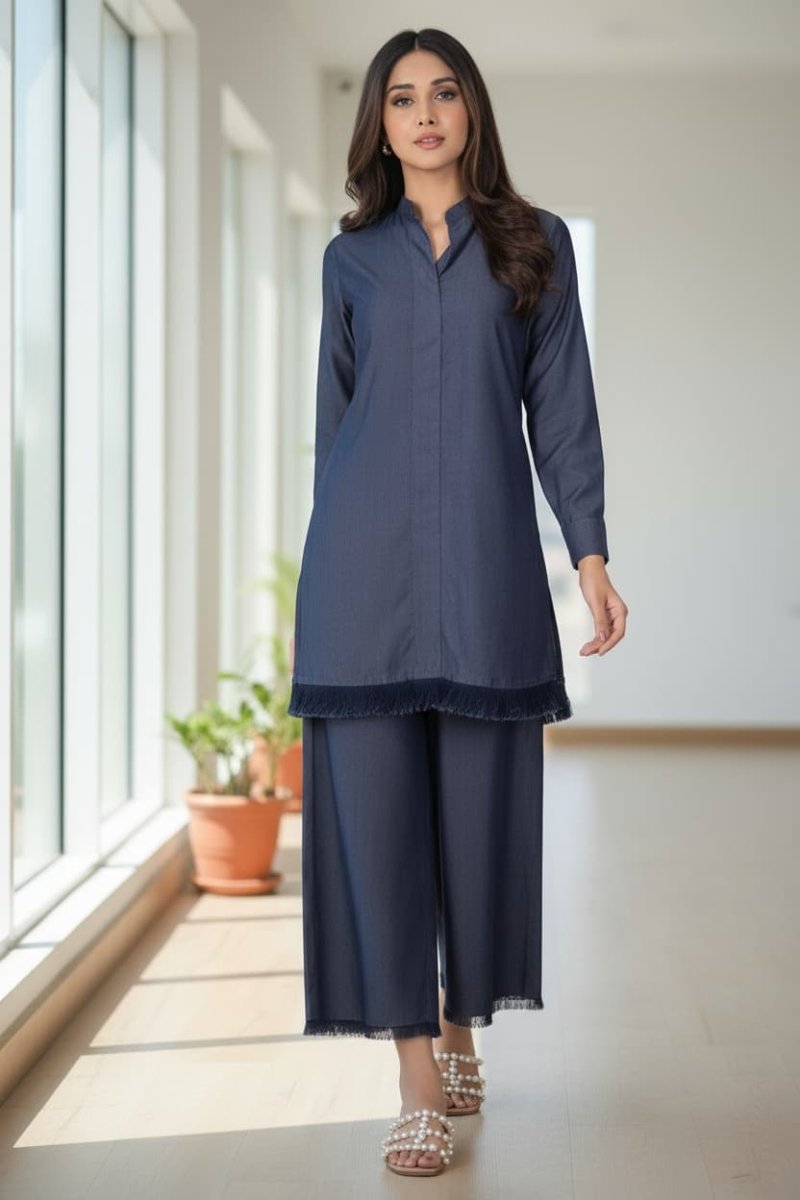 Navy Blue Fringe Solid 2-Piece Suit - Daiselle