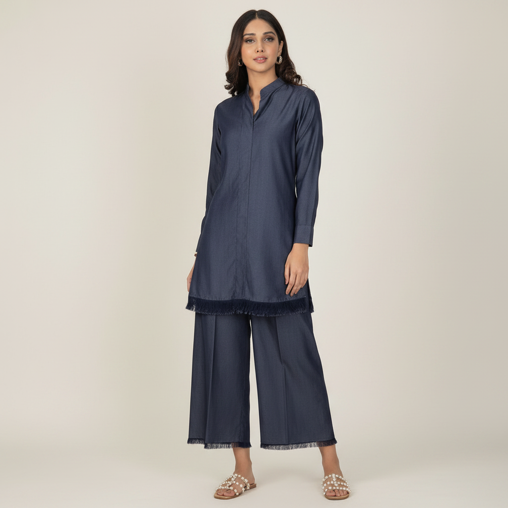 Navy Blue Fringe Solid 2-Piece Suit