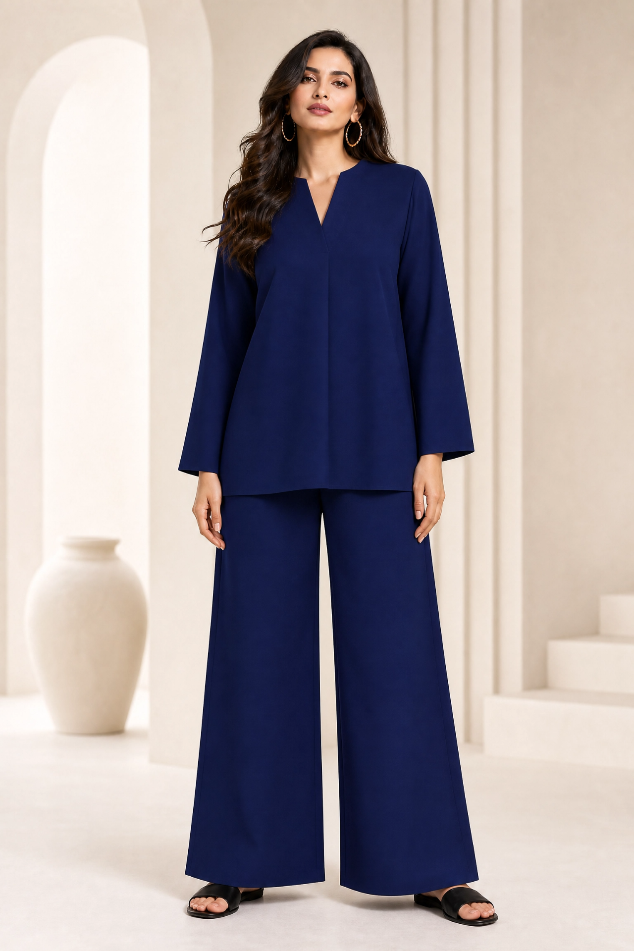 Woman wearing a navy blue outfit in a bright, minimalistic setting