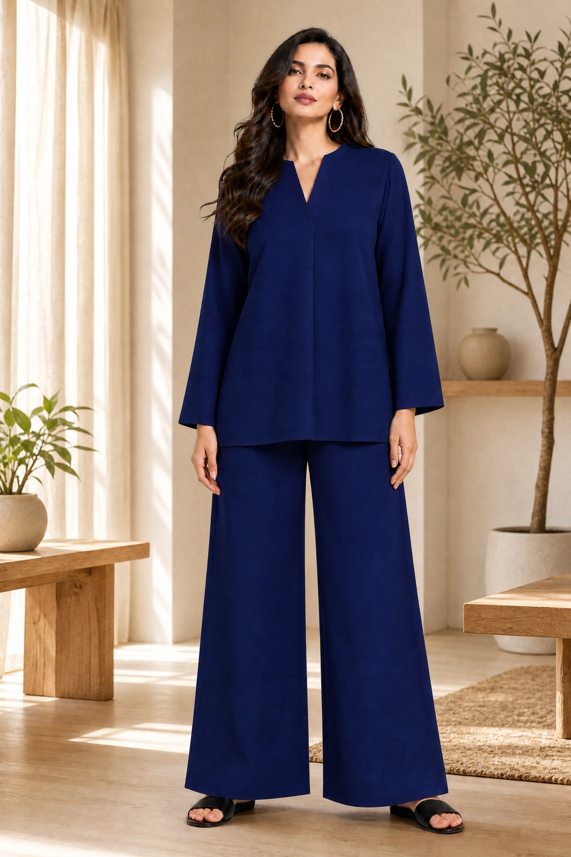 Woman wearing a blue outfit standing in a room with plants and wooden furniture.