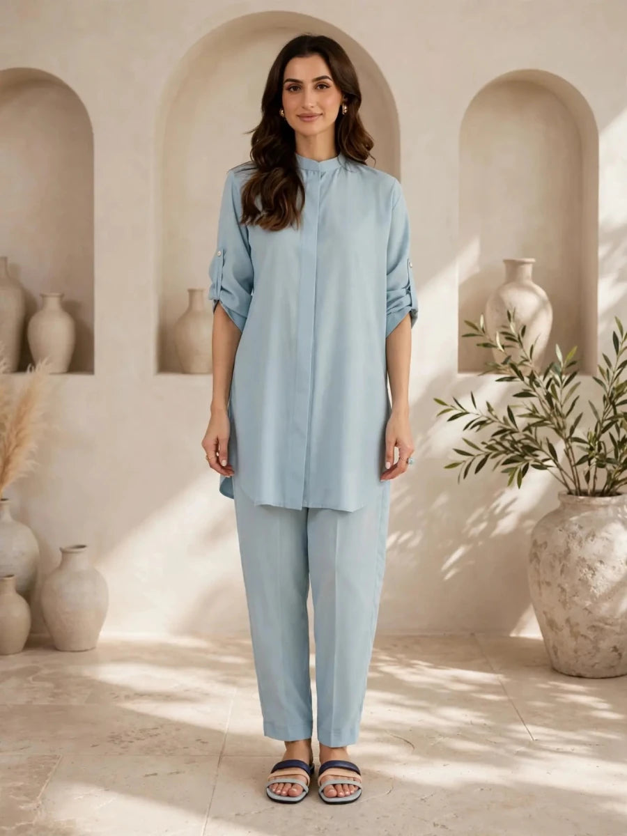 Soft Blue Solid Lawn Co-ord | Daiselle - Daiselle