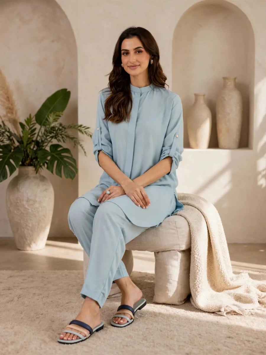 Soft Blue Solid Lawn Co-ord | Daiselle - Daiselle