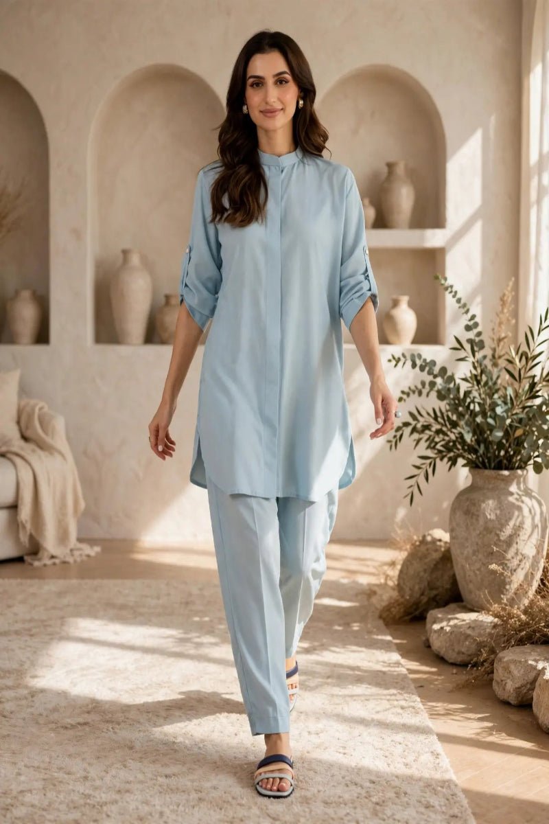 Soft Blue Solid Lawn Co-ord | Daiselle - Daiselle